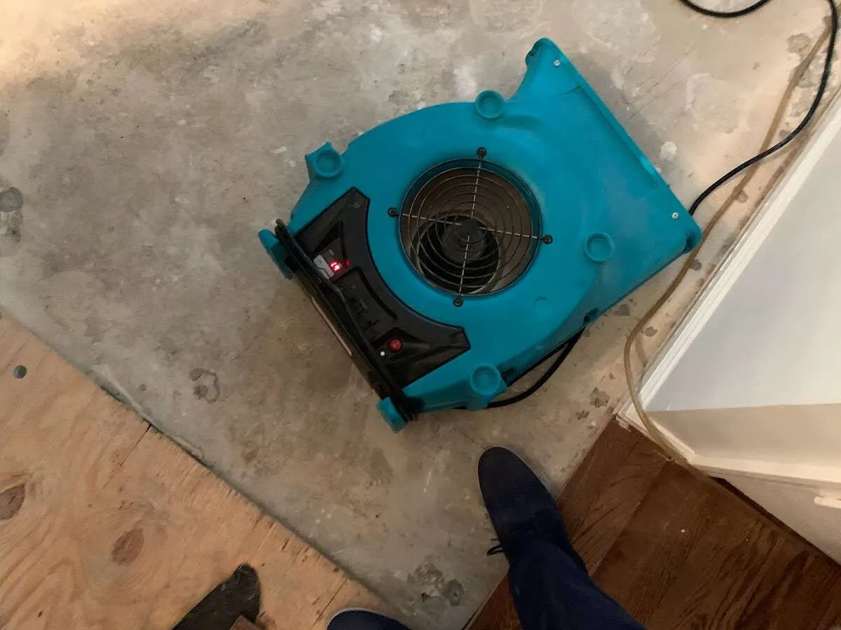 Air mover drying subfloor during Leak Detection & Repair in Chelsea